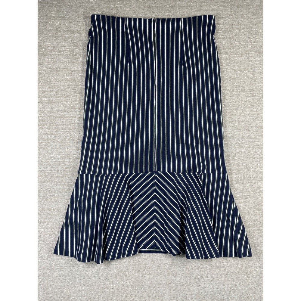 Ann Taylor Striped Flounce Hem Midi Skirt Women M Navy Blue White Green Ruffle - Picture 6 of 7